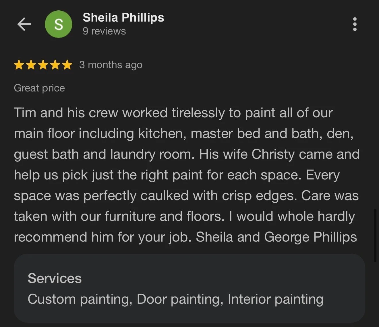 Google review for Sheila Phillips. 5-star rating. Text about Tim and his crew working on painting multiple rooms in a house, with mention of color selection assistance from Sheila and Christy. Service offerings include custom painting, door painting,