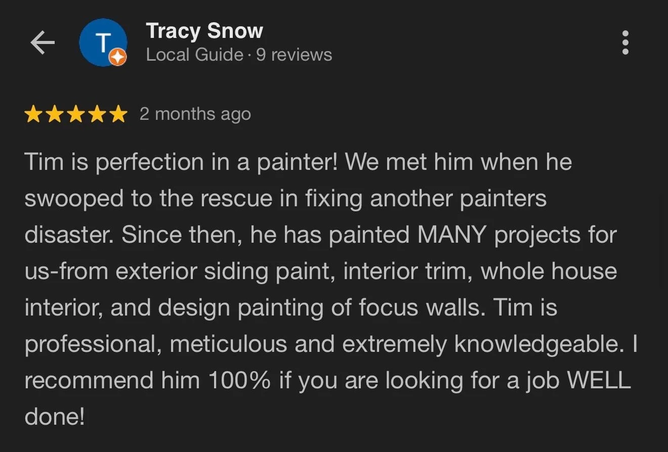 Screenshot of a Google review for Tracy Snow, a local guide, giving a 5-star rating and praising Tim, a painter, for his professionalism and quality of work.