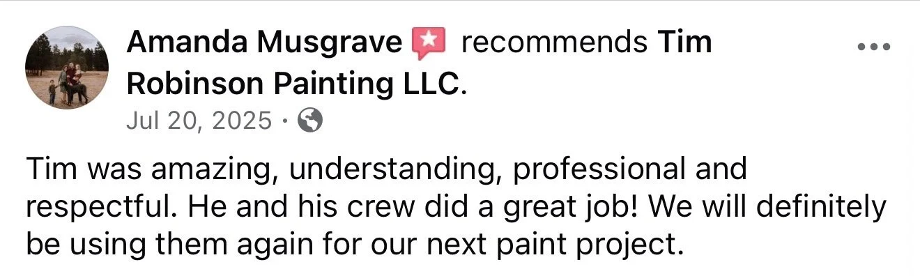 Facebook post recommending Tim Robinson Painting LLC, dated July 20, 2025, with a customer review praising their professionalism and quality of work.