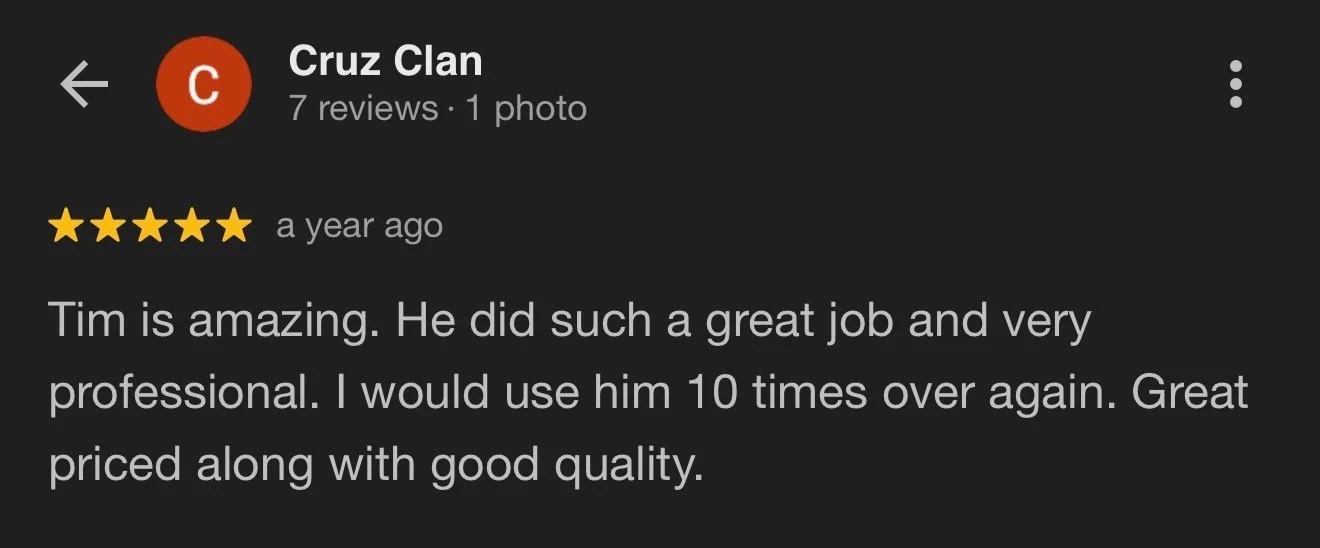 Screenshot of a Google review for Cruz Clan, showing 7 reviews and 1 photo, with a five-star rating, posted a year ago, praising Tim's professionalism and quality of work.