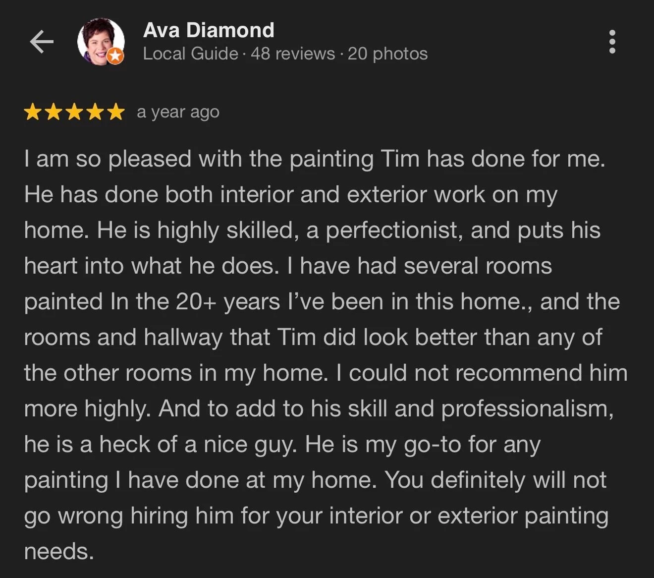 Screenshot of a positive online review for a painting service, posted by Ava Diamond. The review includes five stars and praises the skills and professionalism of the painter, Tim, highlighting his interior and exterior work on her home.
