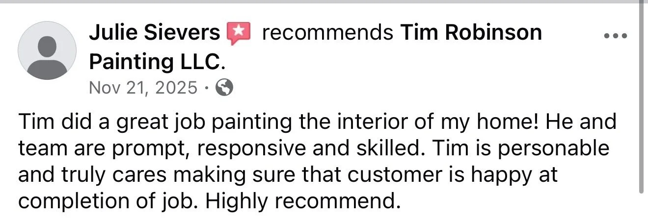 Facebook post recommending Tim Robinson Painting LLC, praising Tim's interior painting work and customer service.