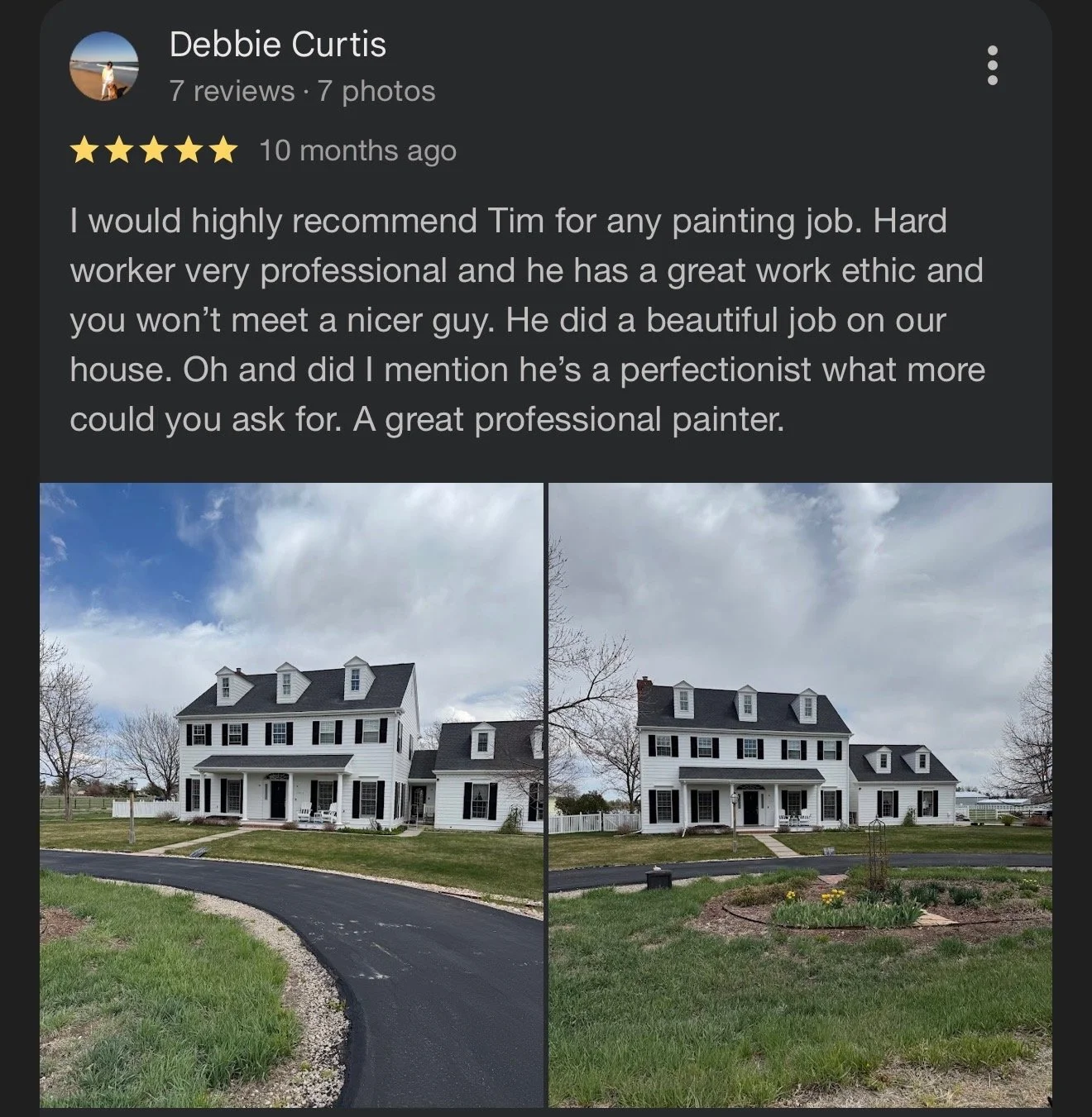 Comparison photos of a large, white, three-story house with black shutters and steep gable roofs, showing the house before and after landscaping, with a driveway and landscaped yard.