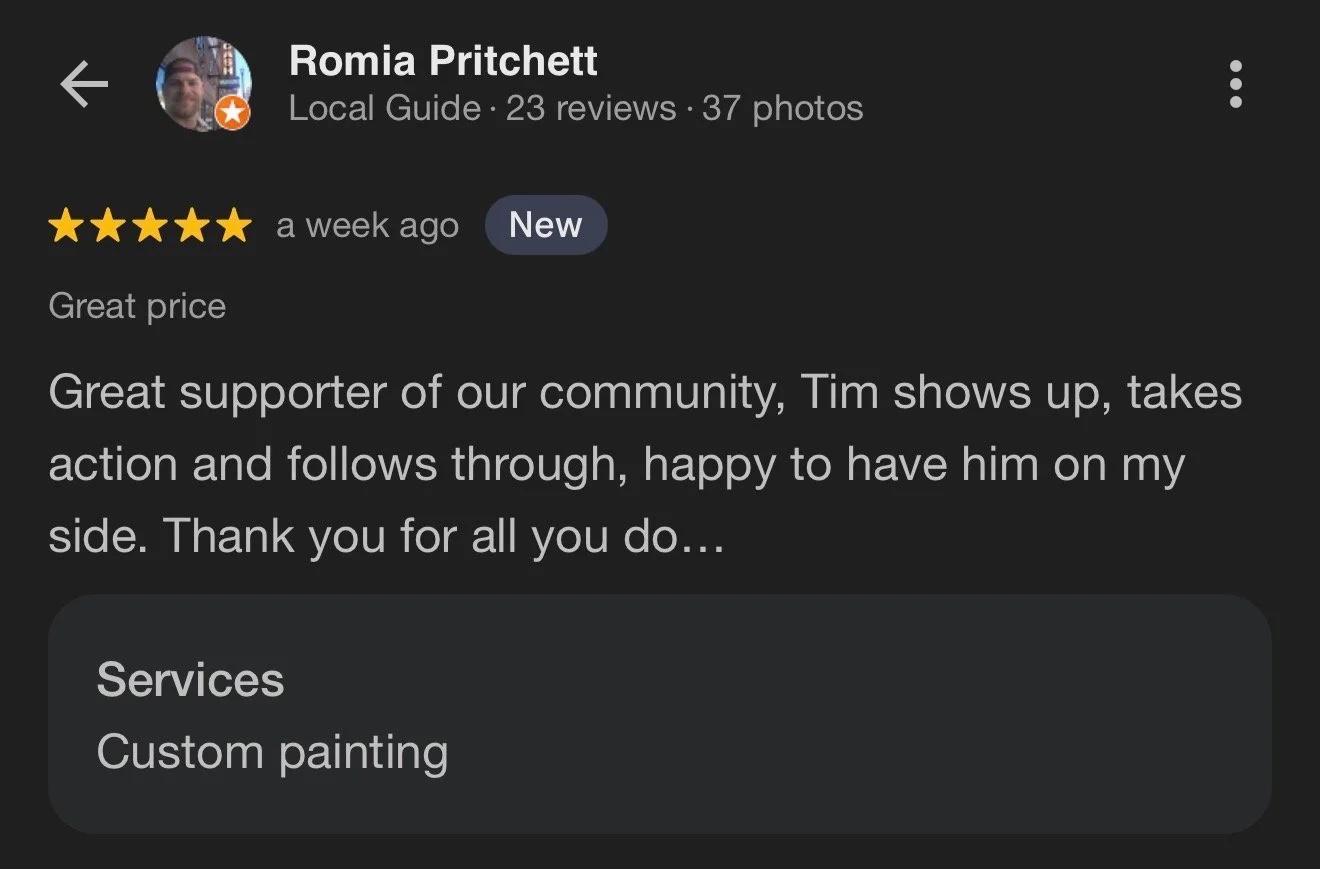 Screenshot of a Google review for Romia Pritchett, a local guide. The review is five stars, written about a week ago, praising their support for the community and Tim's involvement. The review mentions appreciation for support and being happy to have
