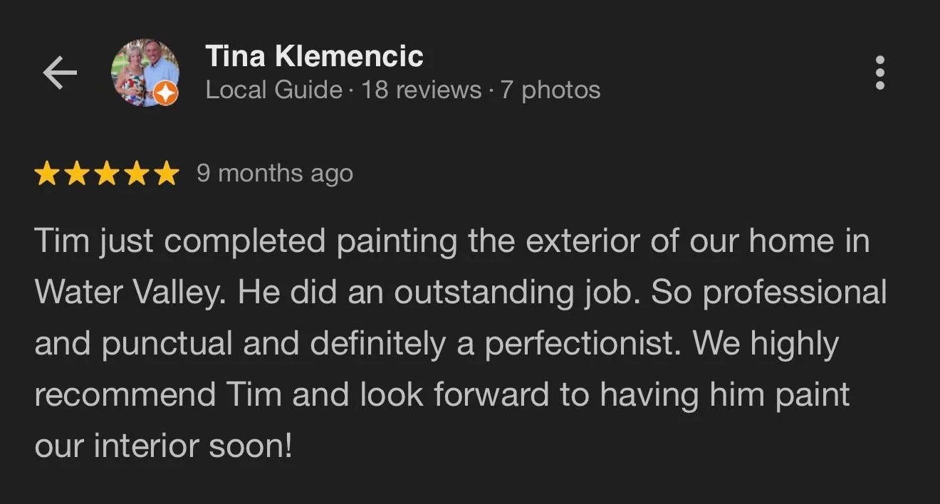 Screenshot of a Google review for a local painting service, praising the work of Tim, performed in Water Valley