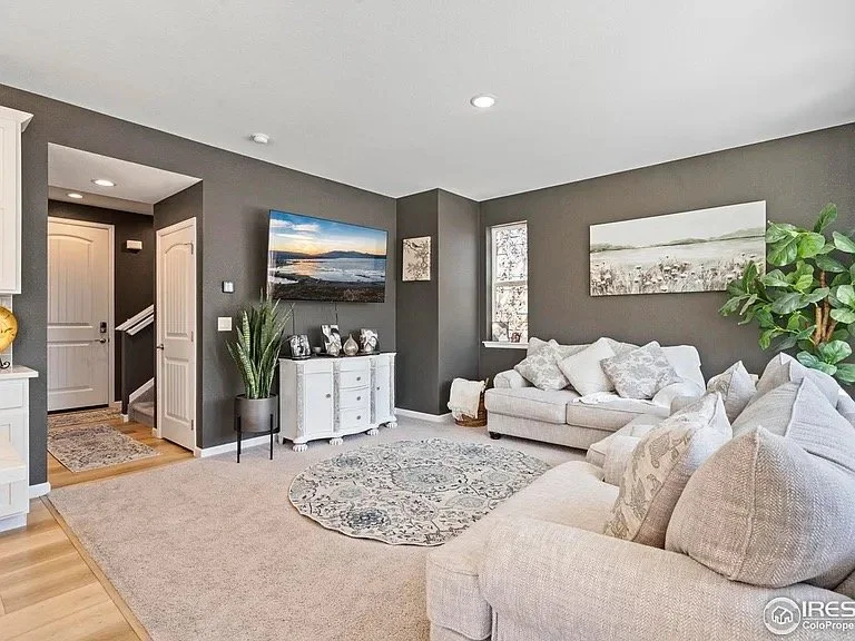 Bright living room with gray walls, white furniture, a patterned circular area rug, wall art, and large window, decorated with houseplants and throw pillows.