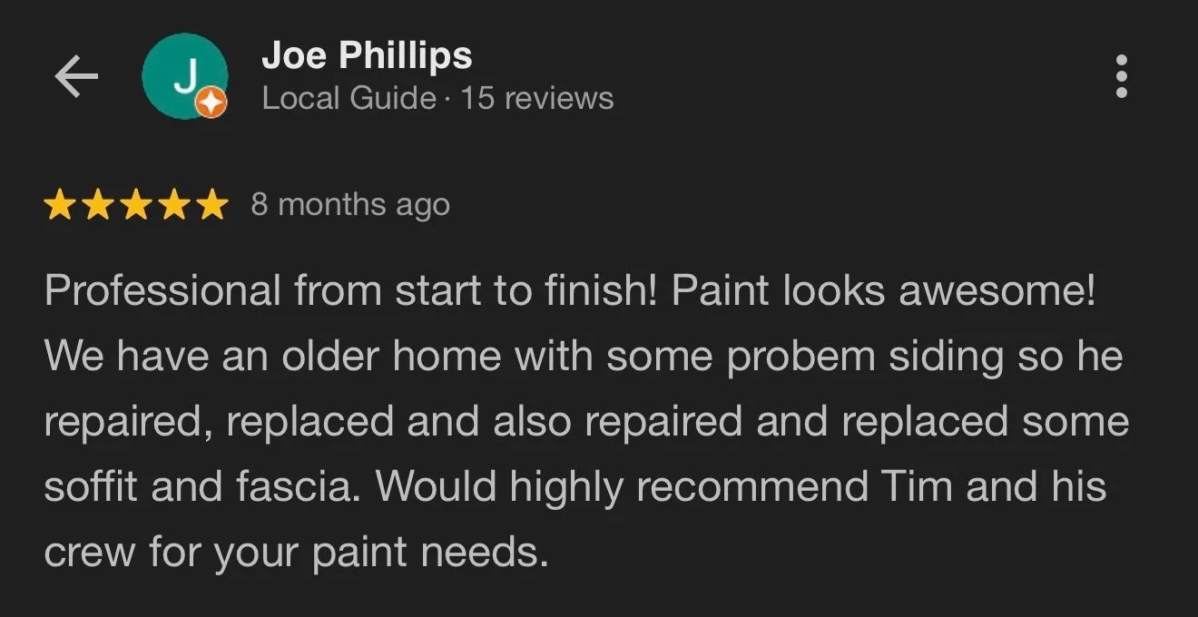 Screenshot of a Google review for a painting company, with a five-star rating and positive feedback about the quality and professionalism of their work.