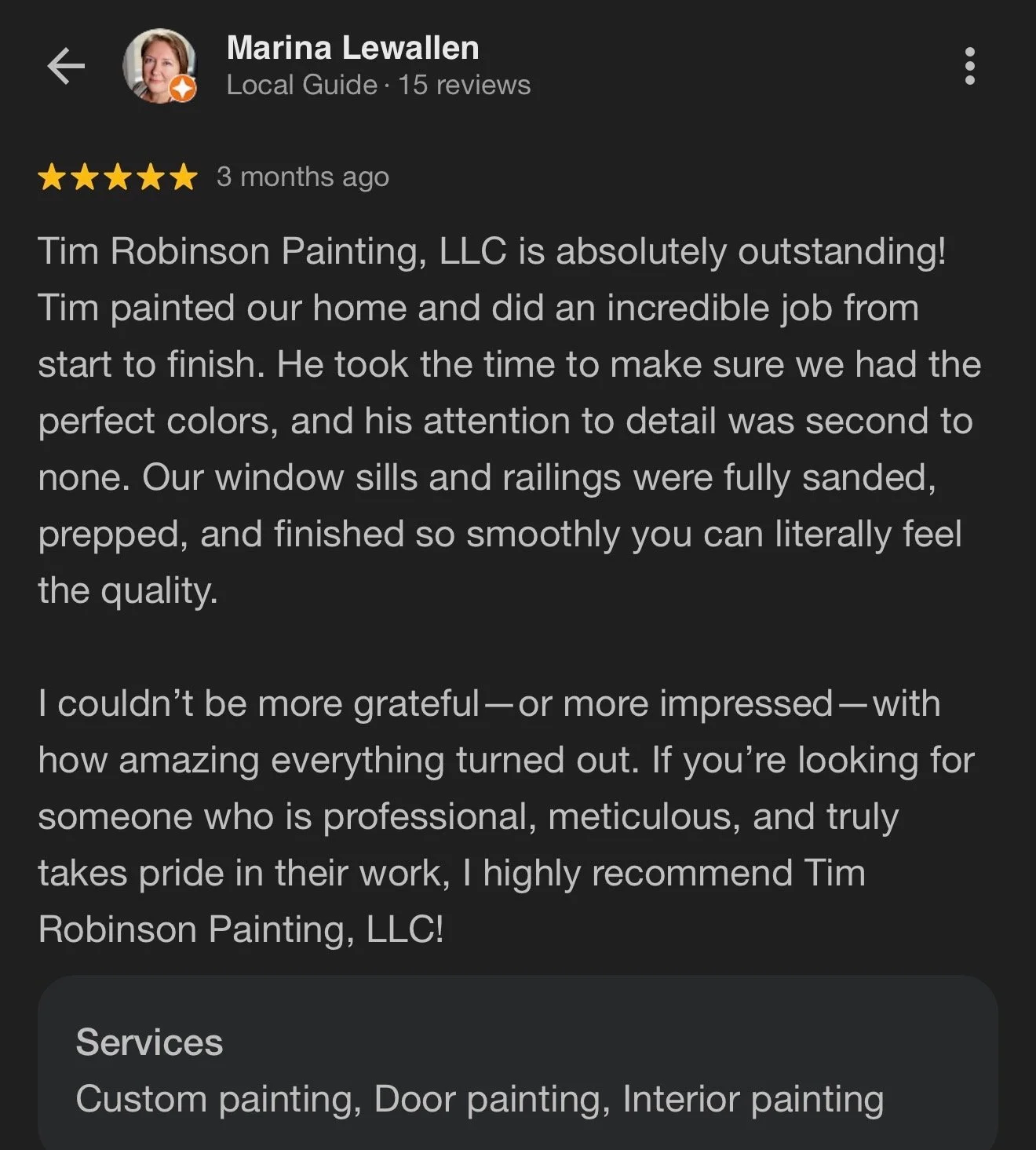 Review for Tim Robinson Painting, LLC showing a five-star rating and a recommendation for their painting services.