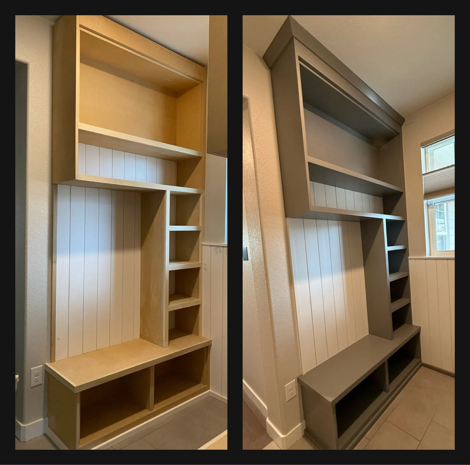 Side-by-side comparison of a tall, custom-built shelving unit before and after painting. The left shows the unfinished wood version, and the right shows the painted version in gray.