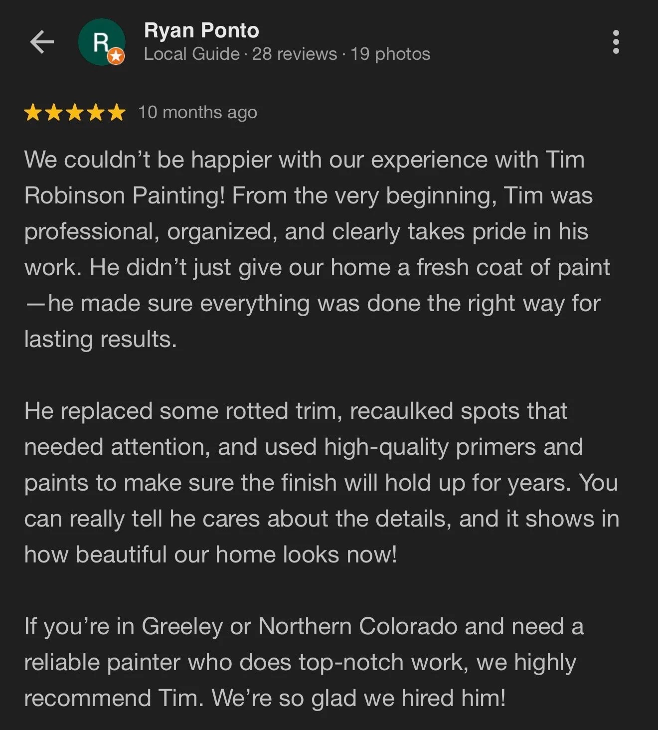 A Google review for Tim Robinson Painting praising his professionalism, organization, attention to detail, and quality of work in house painting.