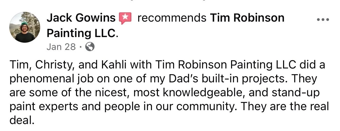 Facebook post recommending Tim Robinson Painting LLC with a photo of a man with glasses, beard, and hat.