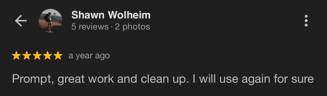 Screenshot of a Google review for Shawn Wolheim, showing a 5-star rating and a comment praising the promptness, work quality, and cleanliness.