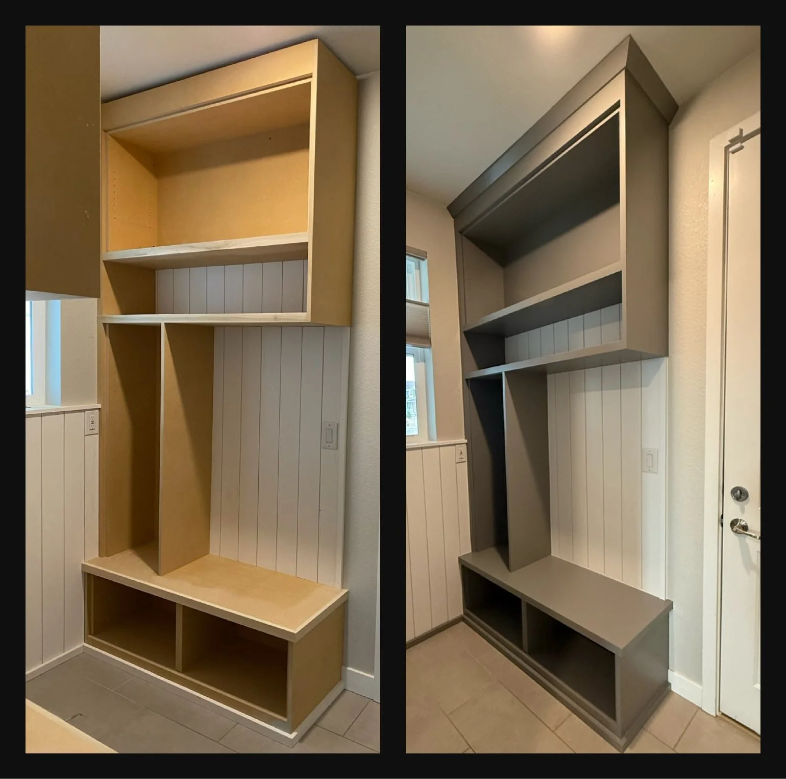 Comparison of a wooden and painted built-in wall storage unit with shelves and cubbies, before and after painting.