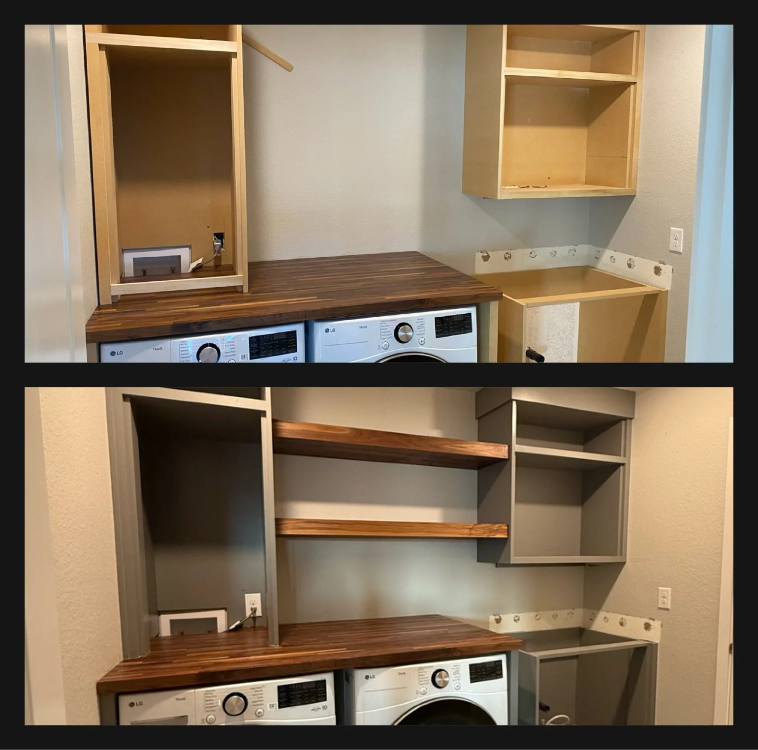 Progress shot of a laundry room renovation with wall cabinetry. First image shows empty unfinished wooden cabinets above a counter with a washing machine and dryer below. Second image shows the same area with installed gray painted cabinets and woode