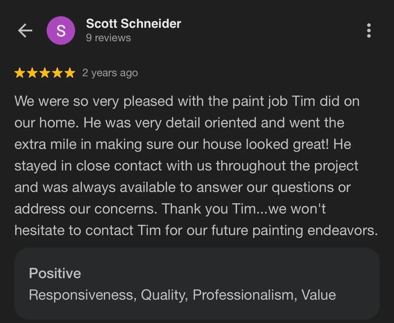 Screenshot of a positive customer review for a painting job, mentioning satisfaction with the work and professionalism of Tim.