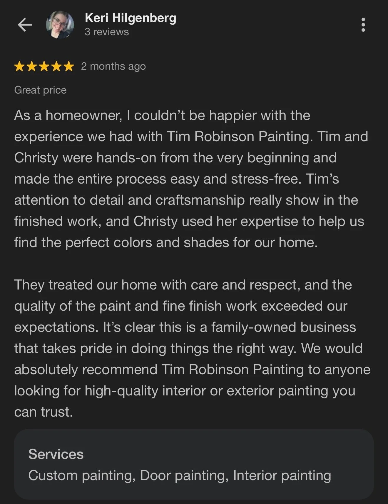 Customer review for Tim Robinson Painting praising the quality of work and recommending the business.