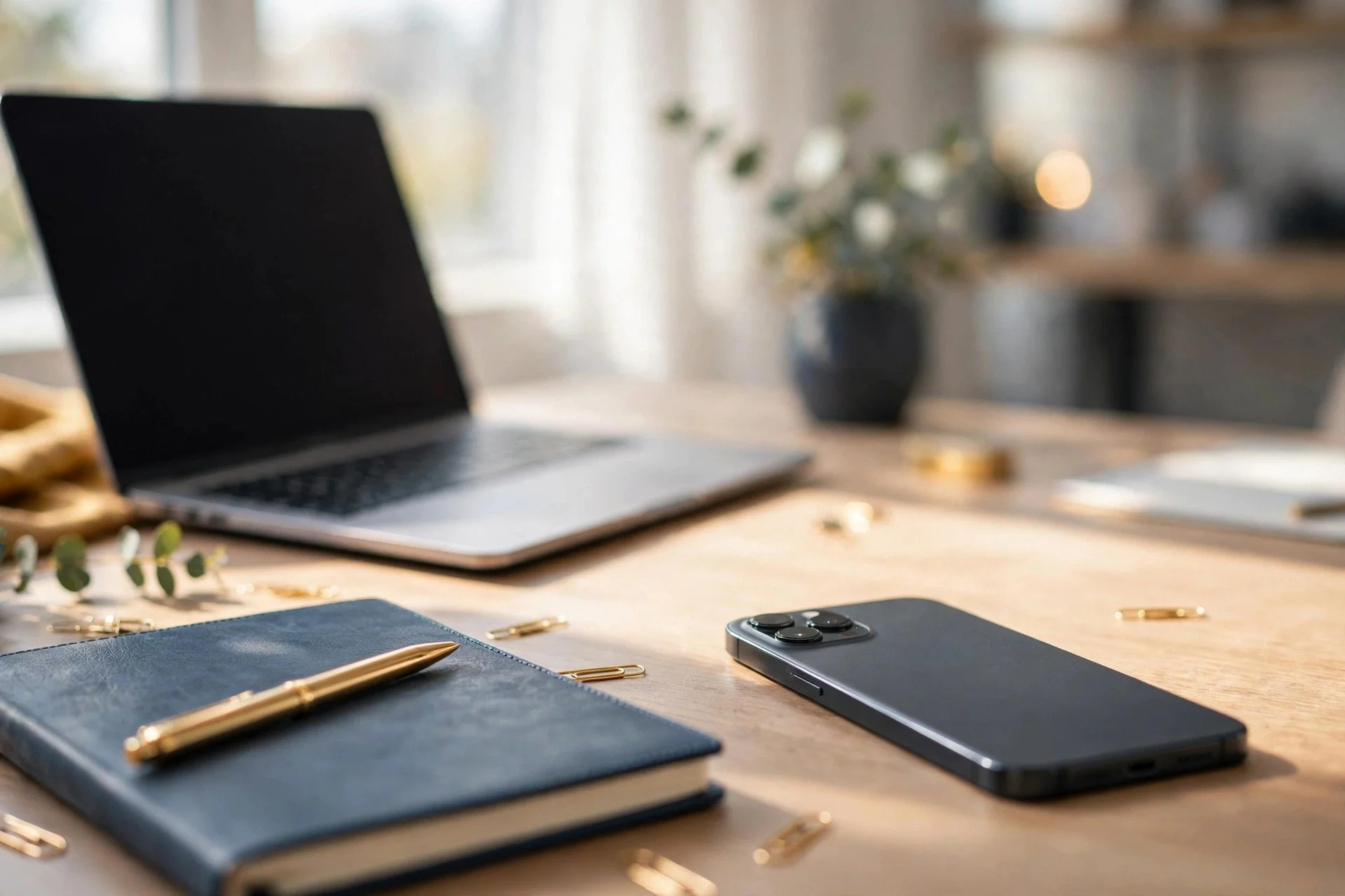Smartphone resting on a sunlit office desk beside an open laptop