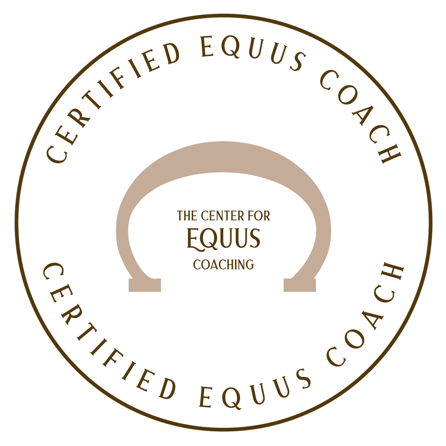 Seal with circular border reading 'Certified Equus Coach' and the center featuring a beige horseshoe with text 'The Center for Equus Coaching' inside.