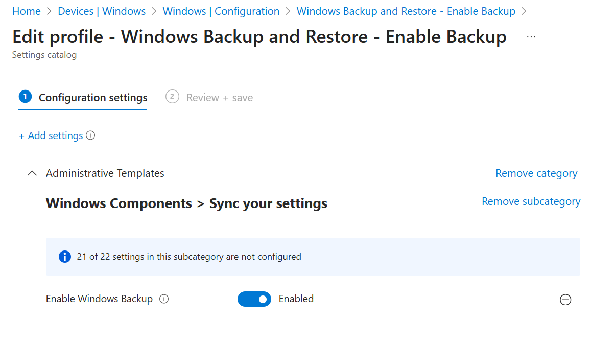 Enable Windows Backup setting enablement