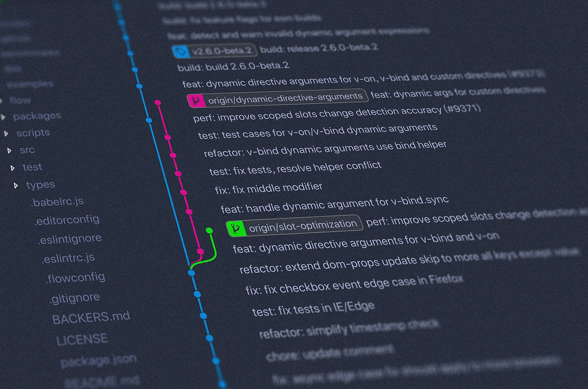 Screenshot of a software project's file directory on the left and a colorful timeline of commits on the right, including labels and descriptions of code changes.