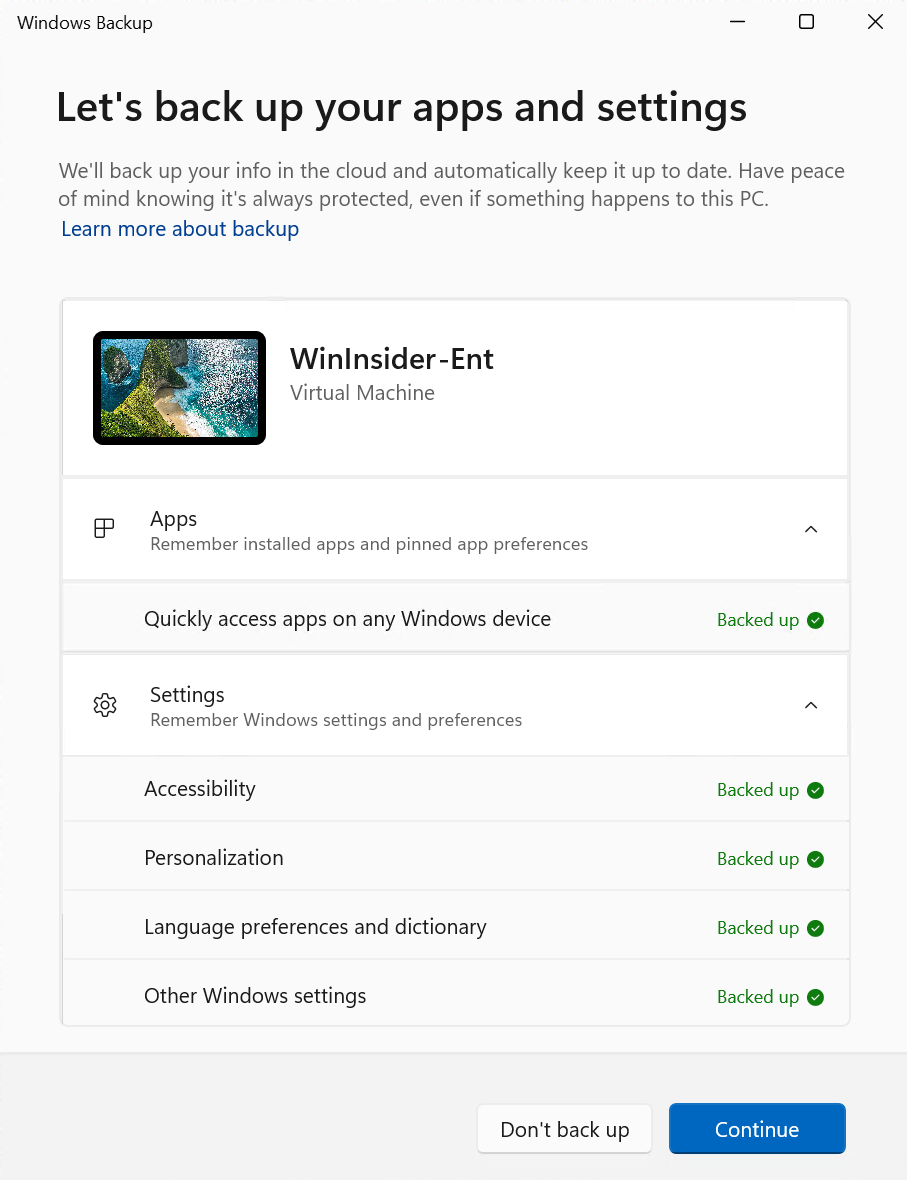 Windows Backup Main Screen