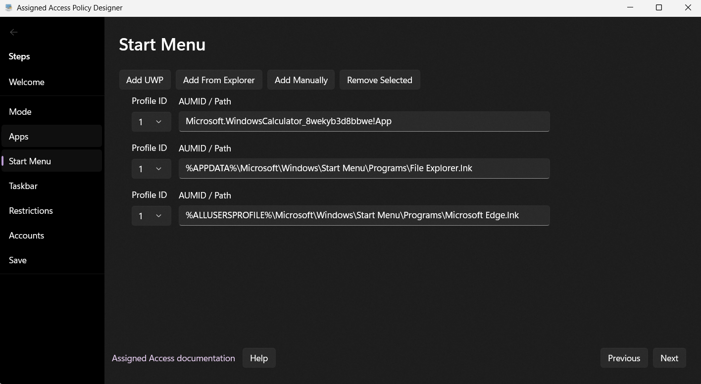 Assigned Access Designer Start Menu