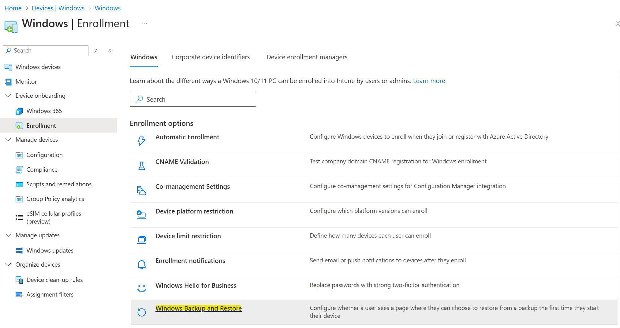Intune Enrollment Settings for Windows Backup and Restore
