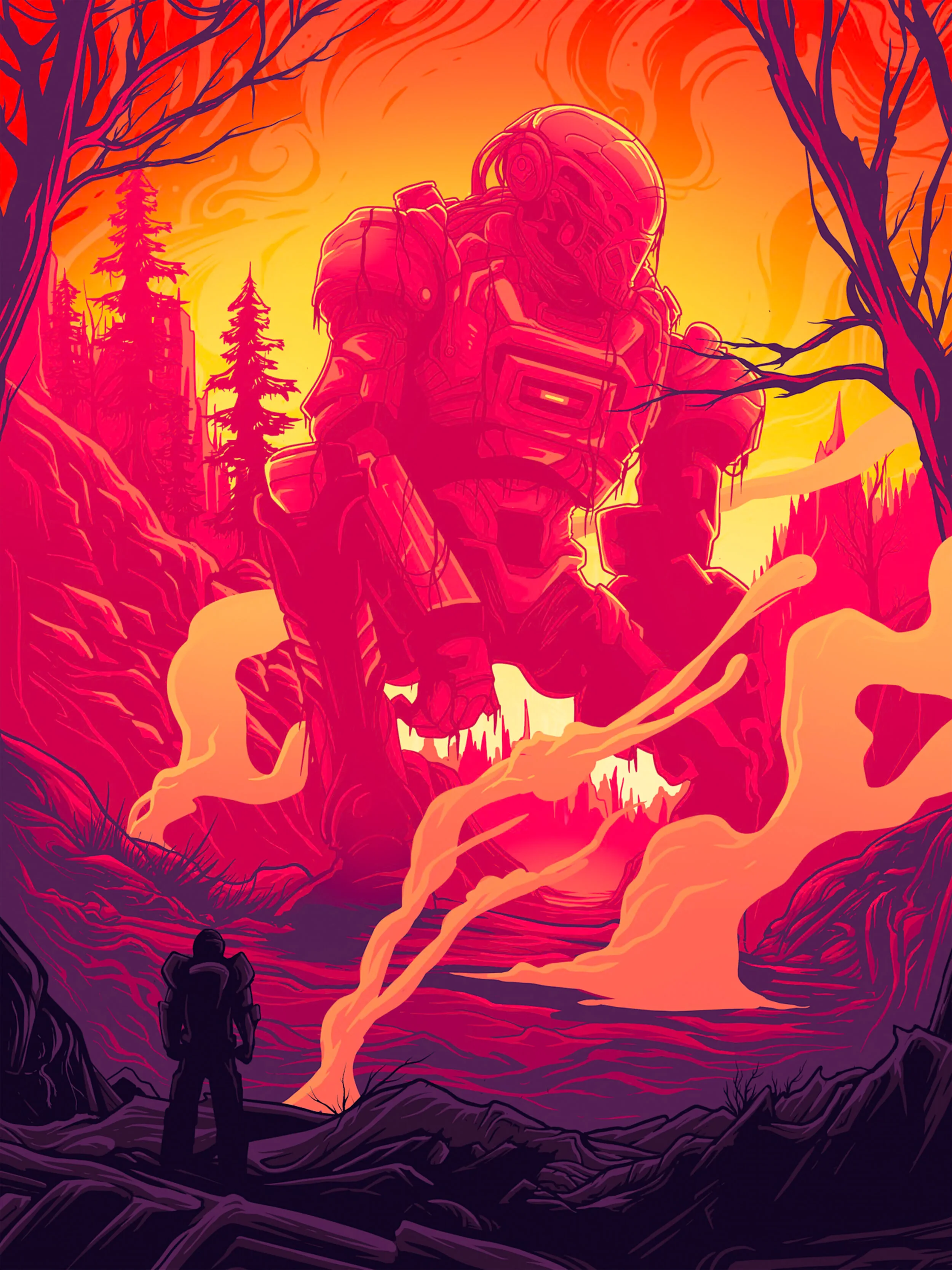 A large humanoid alien creature with a mechanical appearance stands in a fiery, volcanic landscape with lava and smoke. A small human figure in a spacesuit watches from below amidst rocky terrain and leafless trees, with a vivid sunset sky overhead.