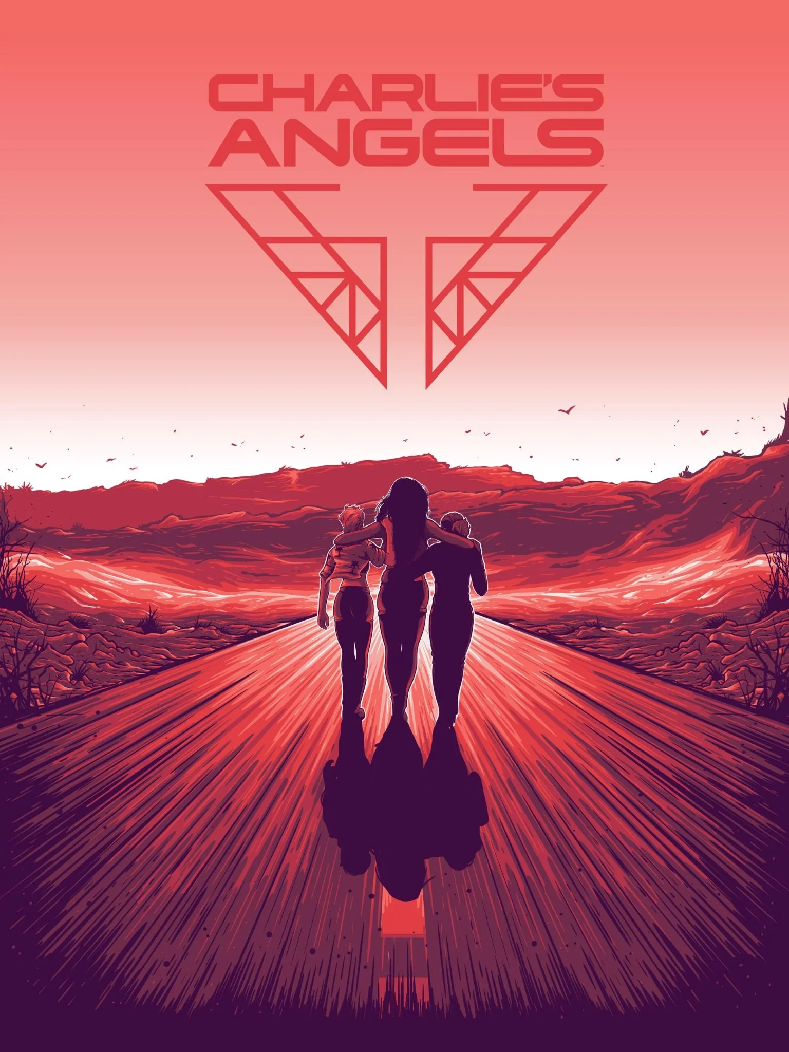Colorful illustration of three women walking together on a road with a mountainous landscape in the background. The sky has a pinkish hue with a geometric triangle design at the top containing the text 'Charlie's Angels'.