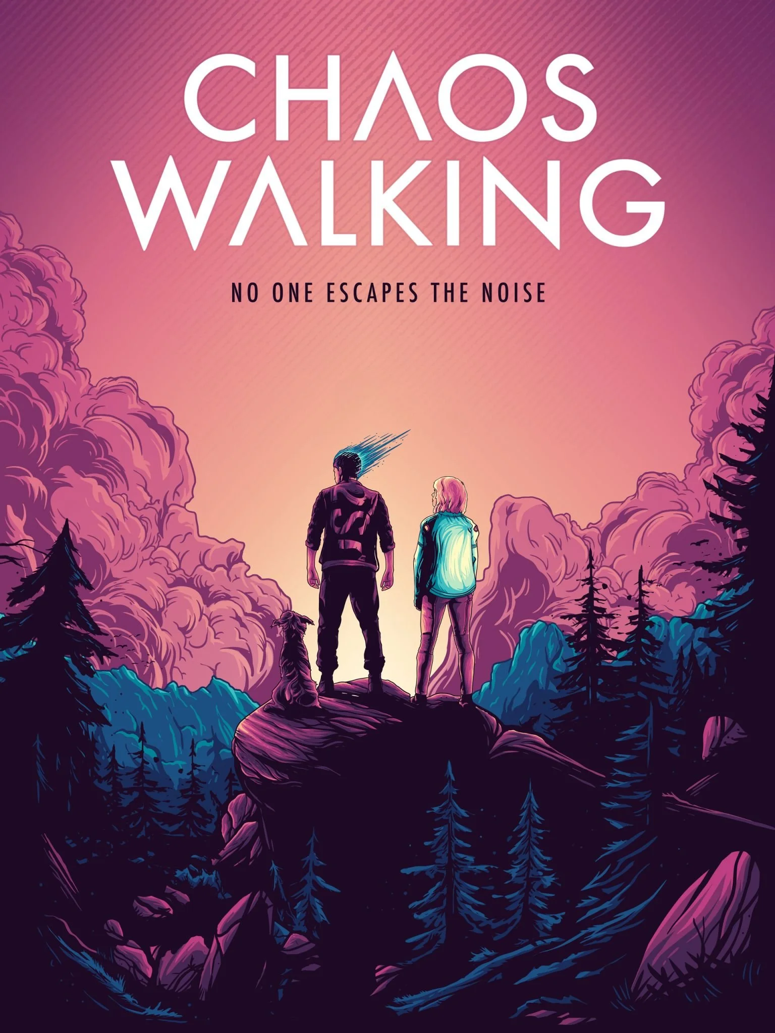 Digital illustration of two people and a dog standing on a rocky outcrop in a forest, looking at a dramatic, colorful sky with pink and purple clouds. The scene is styled like a graphic novel or animated movie poster, with the title 'Chaos Walking' a
