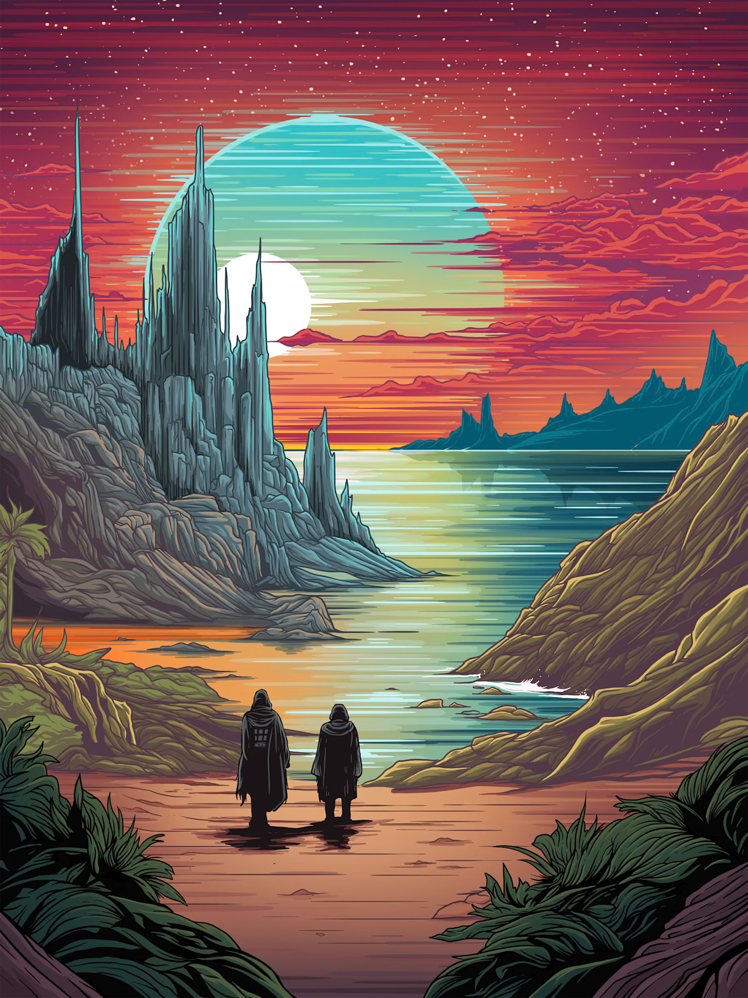 Two figures in dark clothing standing on a rocky shore, facing a colorful alien landscape with jagged mountains, a large two-colored celestial body in the sky, and a reflective body of water.