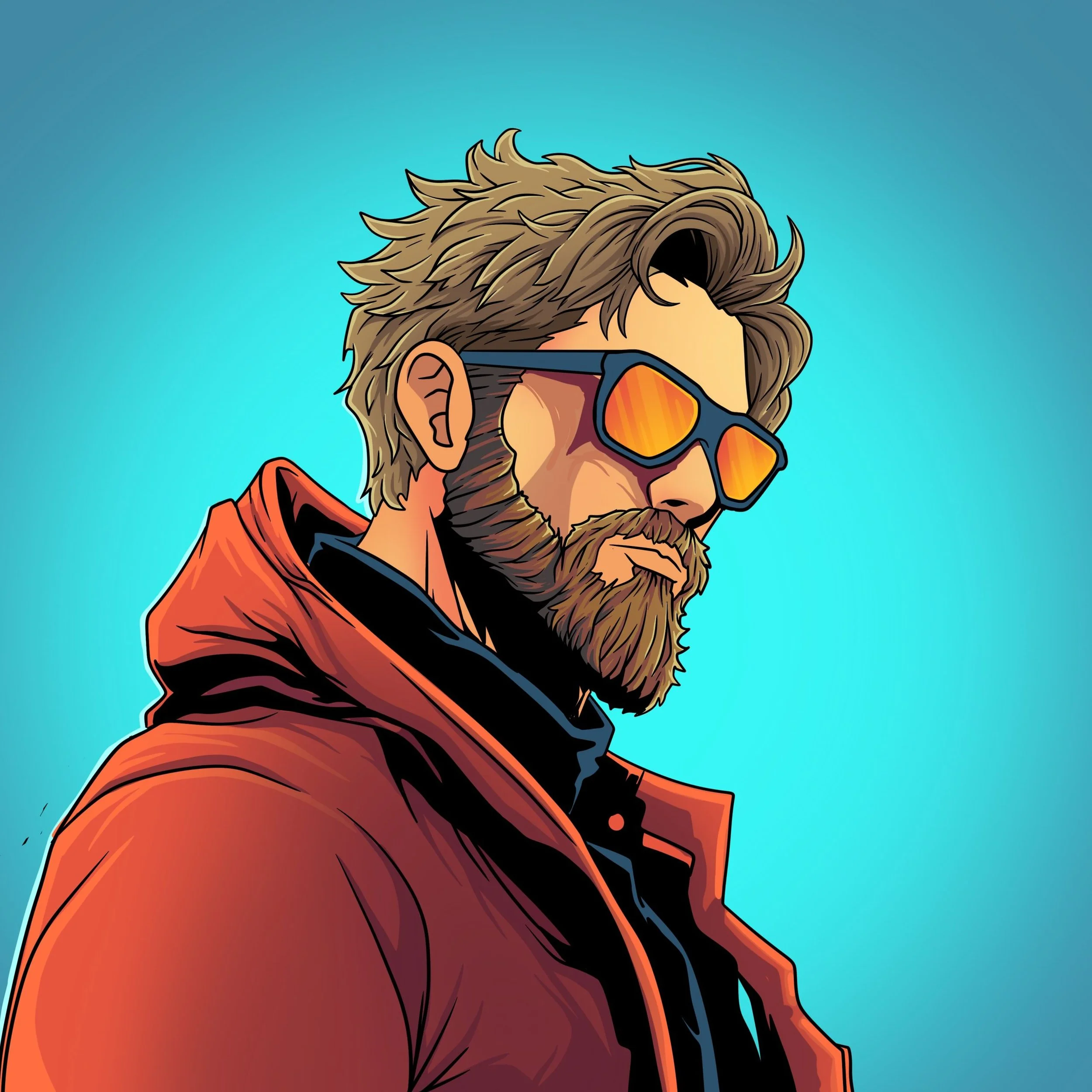 Digital illustration of a man with a beard and tousled hair wearing orange-tinted sunglasses, an orange jacket, and a black shirt, against a blue background.