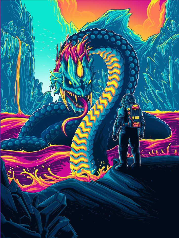 A colorful digital illustration of an astronaut facing a large, neon-colored sea creature with a dragon-like head, sharp teeth, and a long, winding body in a surreal volcanic landscape.