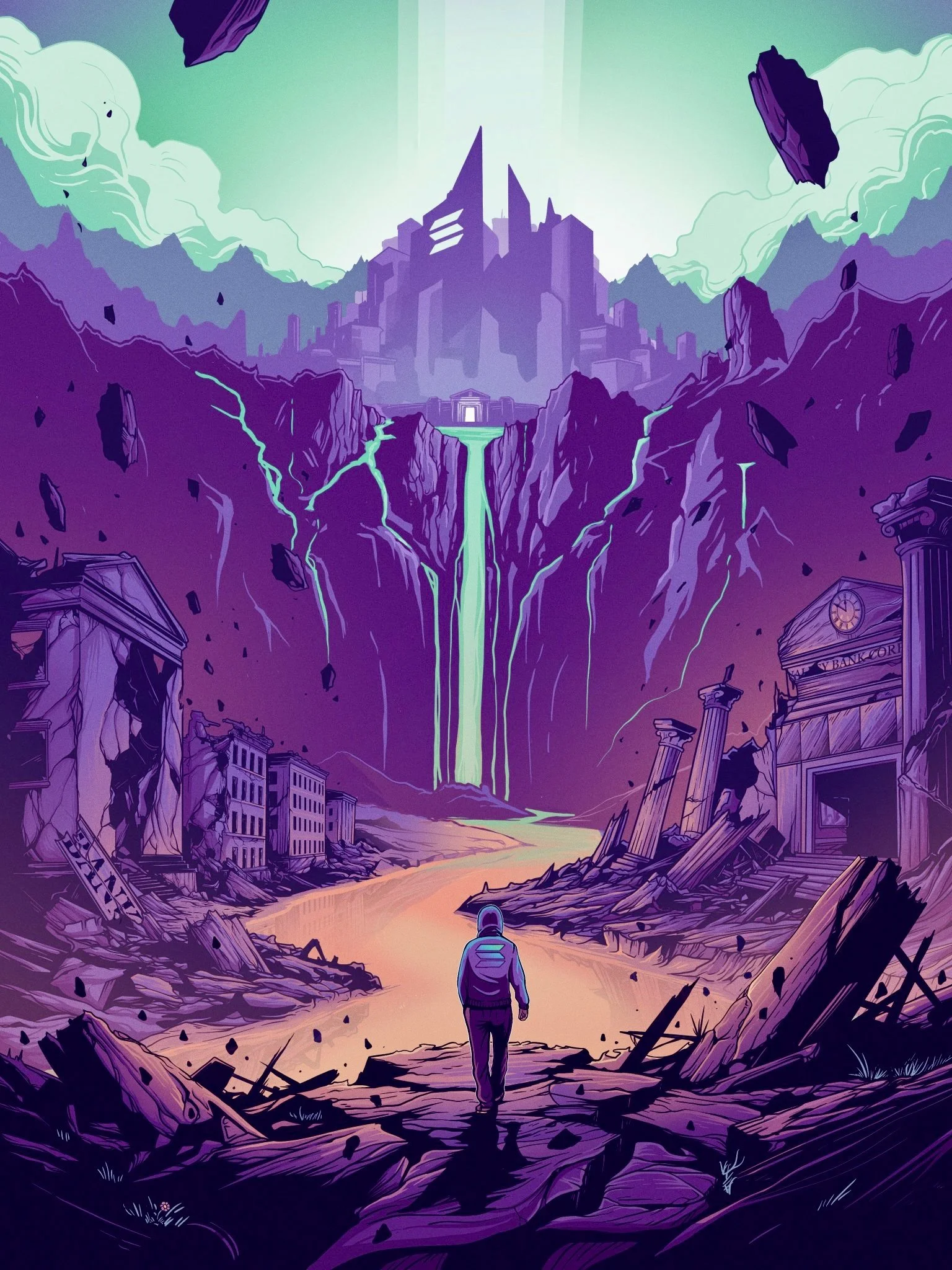 A person with a backpack walking on a destroyed city street toward a glowing river flowing down a mountain, with a futuristic city on top and a waterfall in a dystopian landscape.