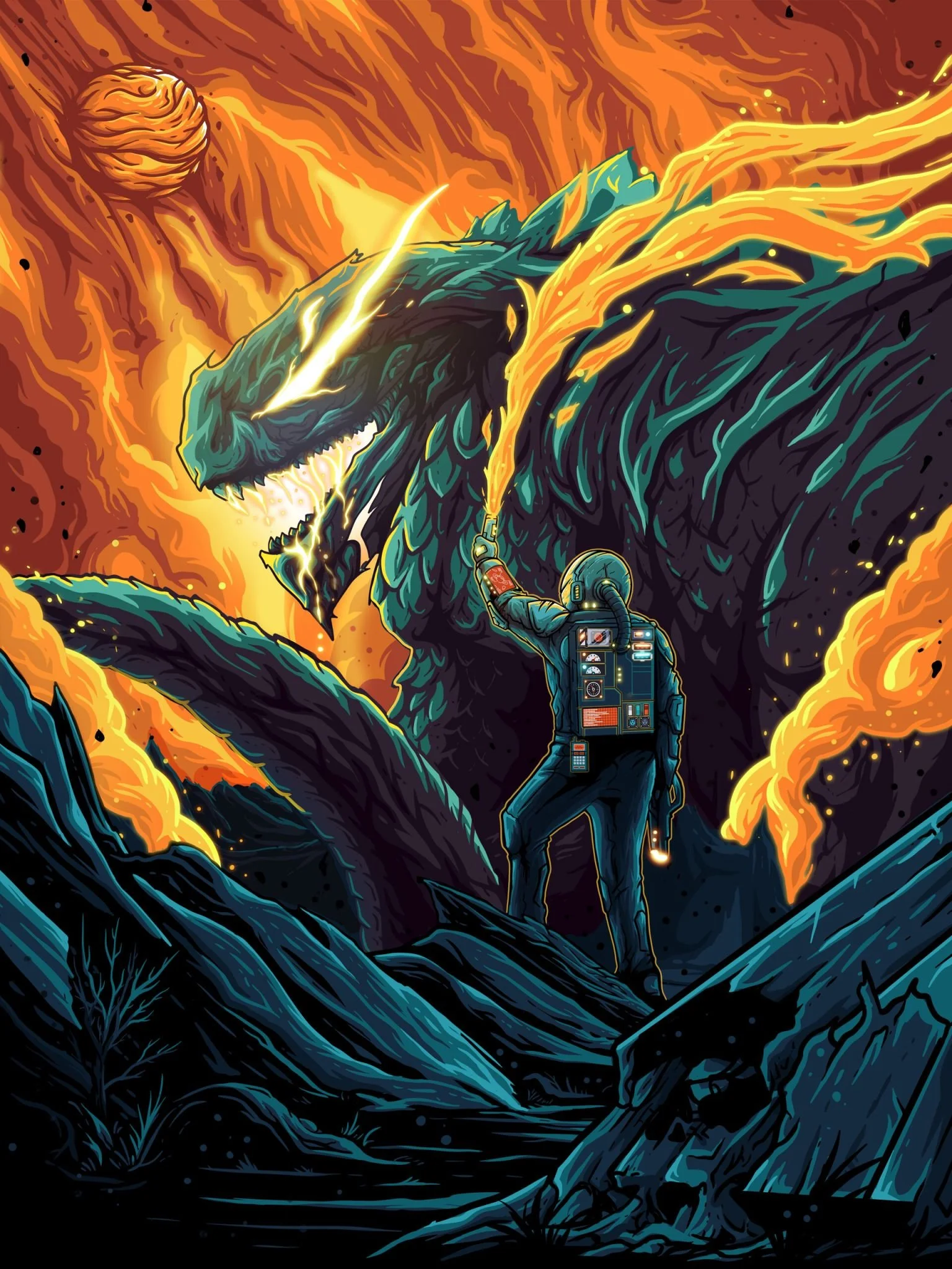 A poster in a comic art style showing a brave astronaut standing on rocky terrain, holding a flame thrower to a menacing, volcano-like creature with glowing lava flowing from its mouth and head amidst an explosion-filled, fiery sky.