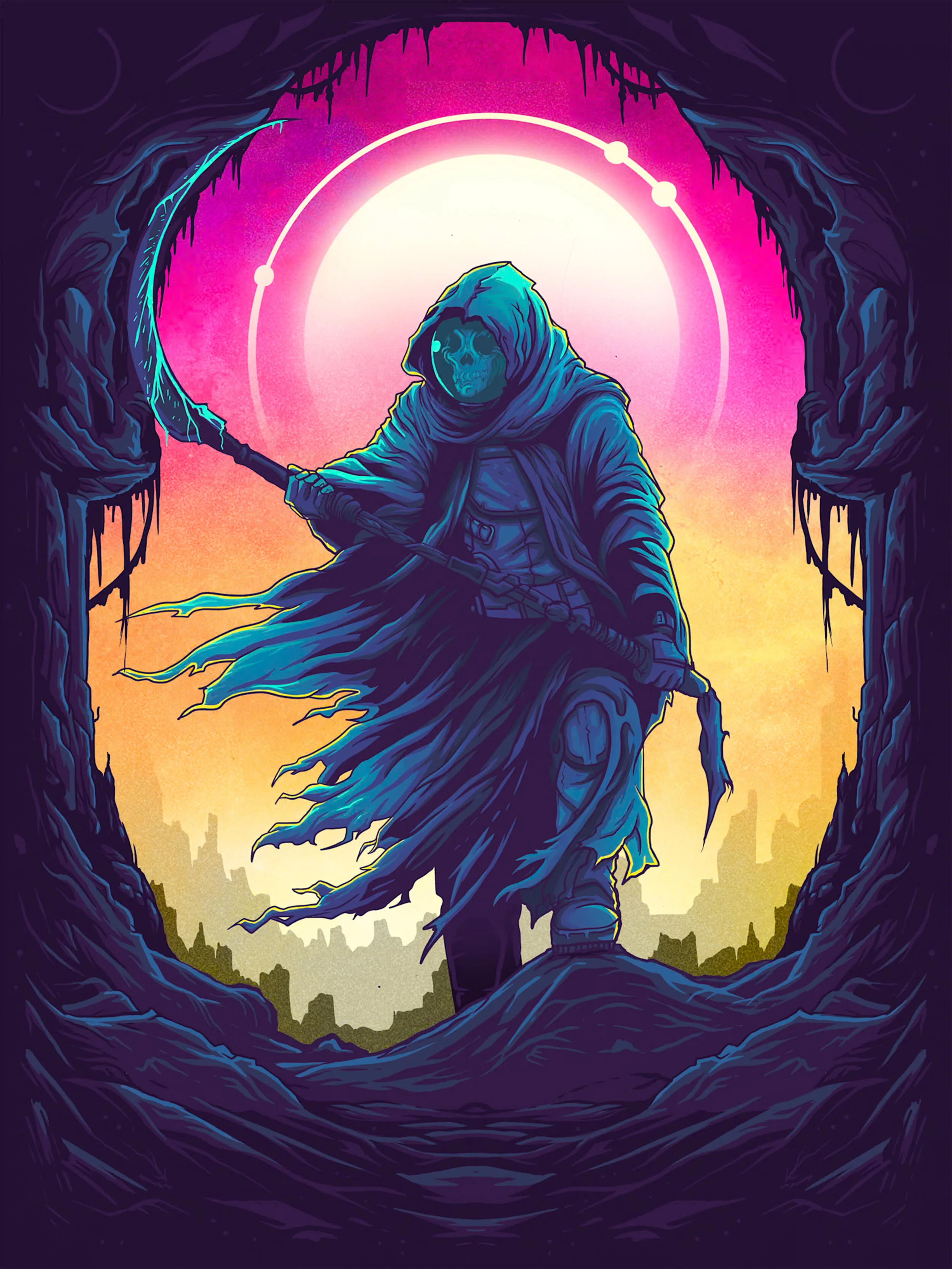 A dark hooded figure wearing a mask and cloak, holding a scythe, standing in a cave opening with colorful sunset sky and large moon in the background.