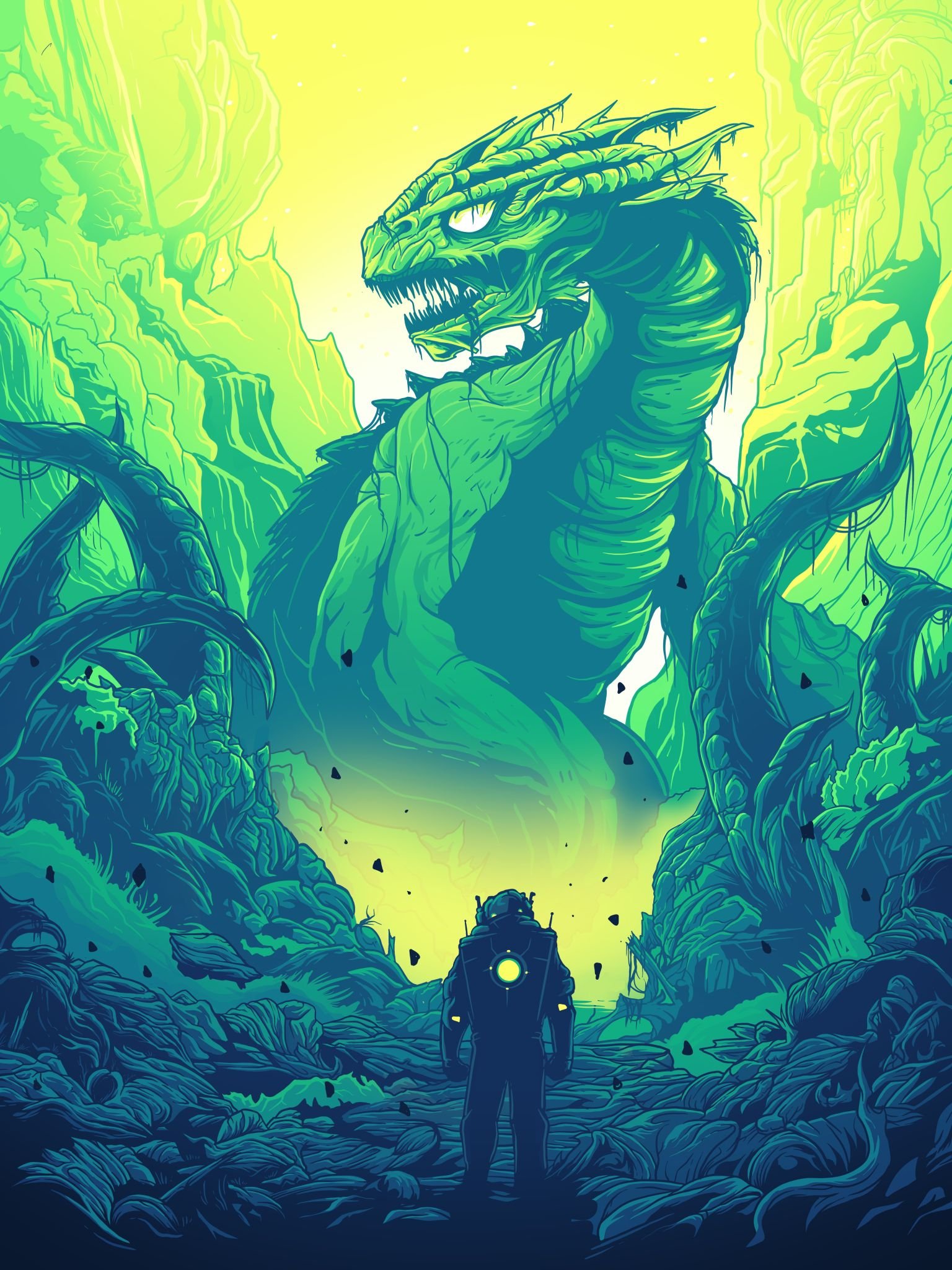 A person in a space suit standing in a lush, green jungle, facing a huge, menacing dragon with sharp teeth and horns, surrounded by dense jungle foliage.