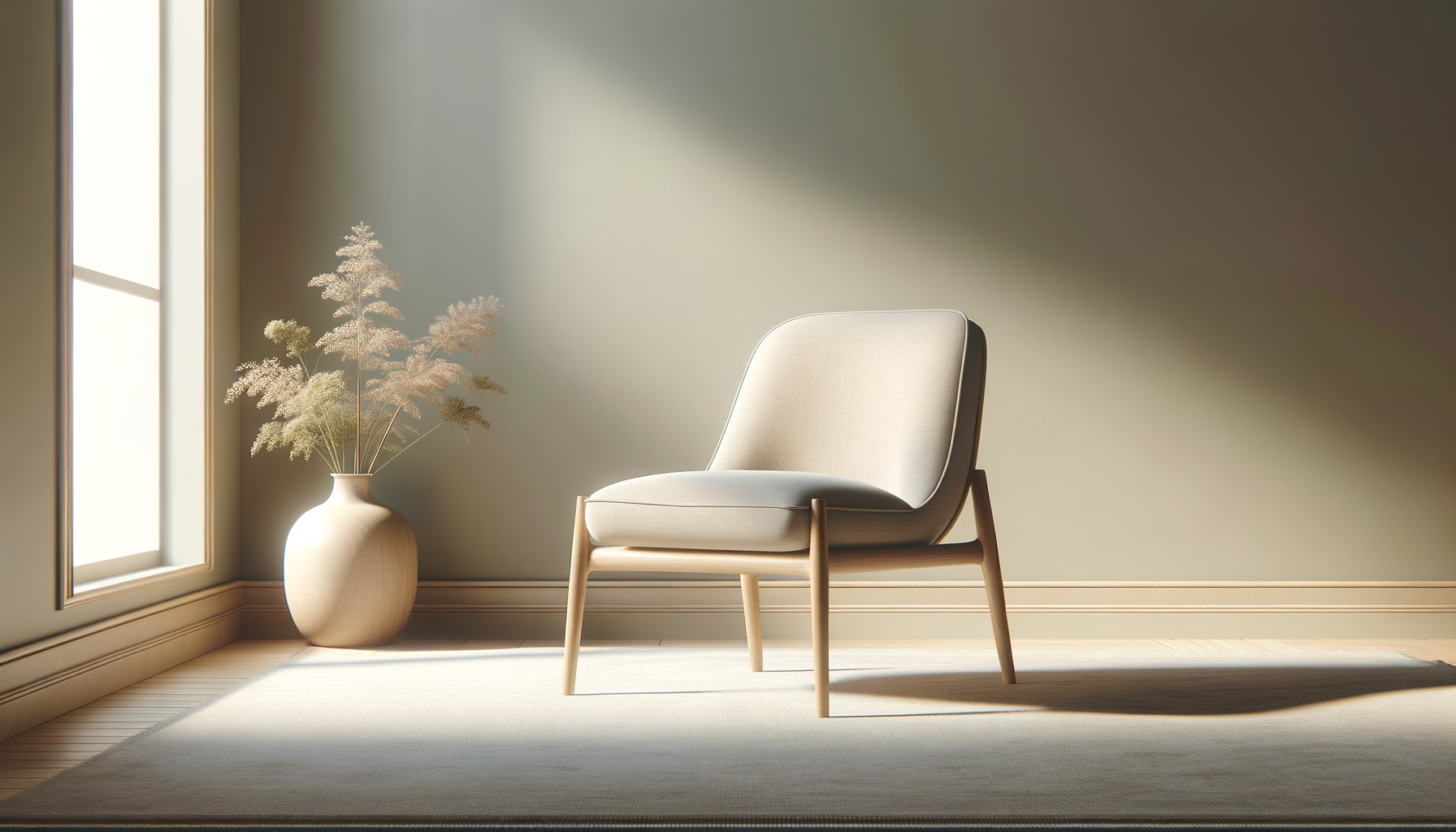 Bright living room corner with a beige upholstered chair on a wooden frame, a large sunlit window, and a tall beige vase with dried pampas grass on a light-colored carpet.