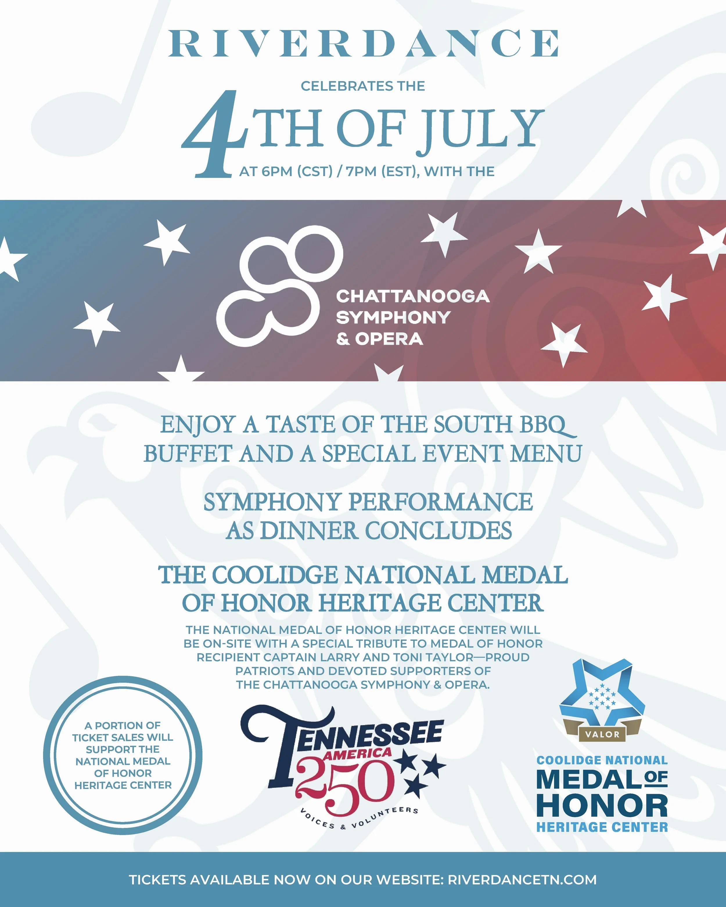 Celebrate July 4th at Riverdance with the Chattanooga Symphony🎶🇺🇸

Light up your 4th of July at Riverdance Restaurant. Enjoy a taste of the south BBQ buffet and a special event menu. With a live performance from the Chattanooga Symphony &amp; Oper