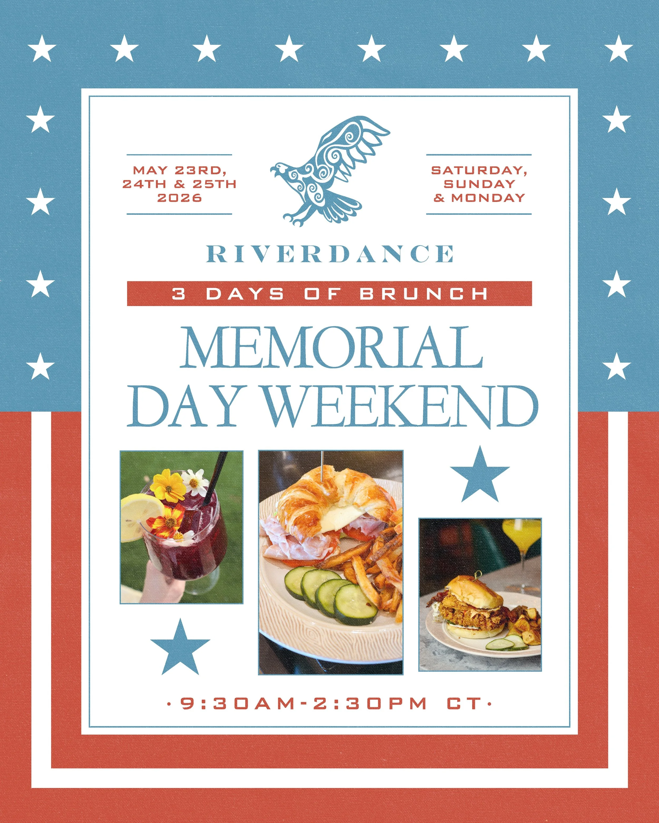 Get ready for 3 days of brunch this weekend!🇺🇸

In observant reflection of the holiday, we are extending our weekend brunch service to Monday, May 25th from 9:30-2:30! Join us to share a morning with loved ones over our signature brunch plates. 

J