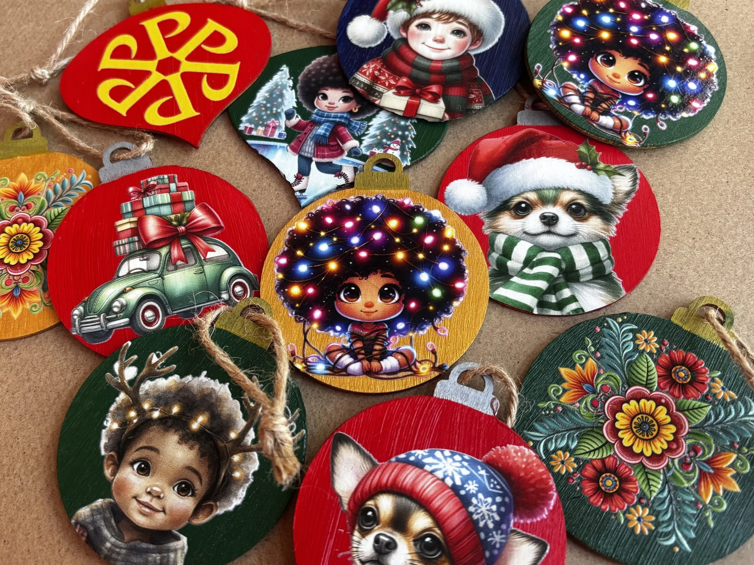 Painted Wooden 2-D Ornaments Embellished with Stickers