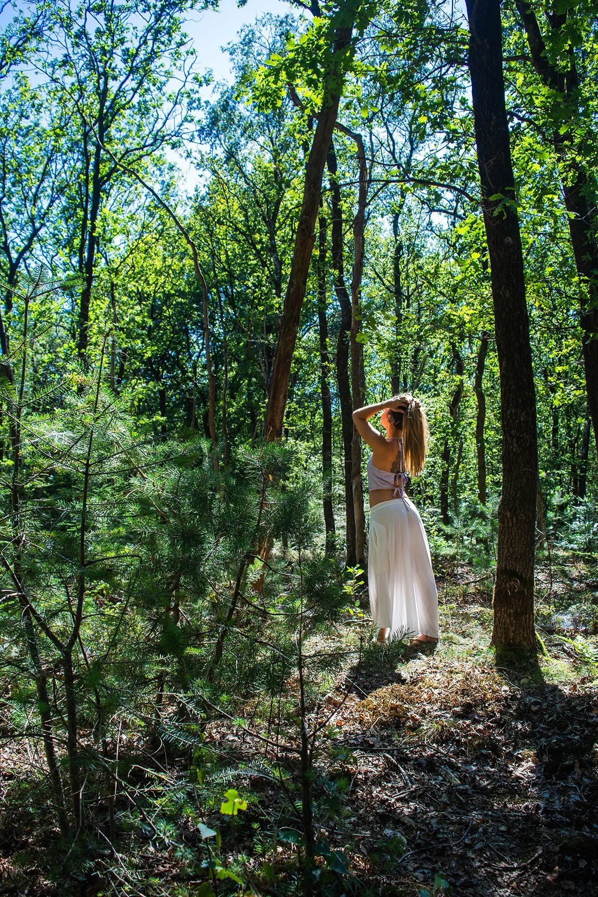 A woman in a white skirt and top stands in a sunlit forest with tall trees and green foliage, touching her hair as she looks upward.