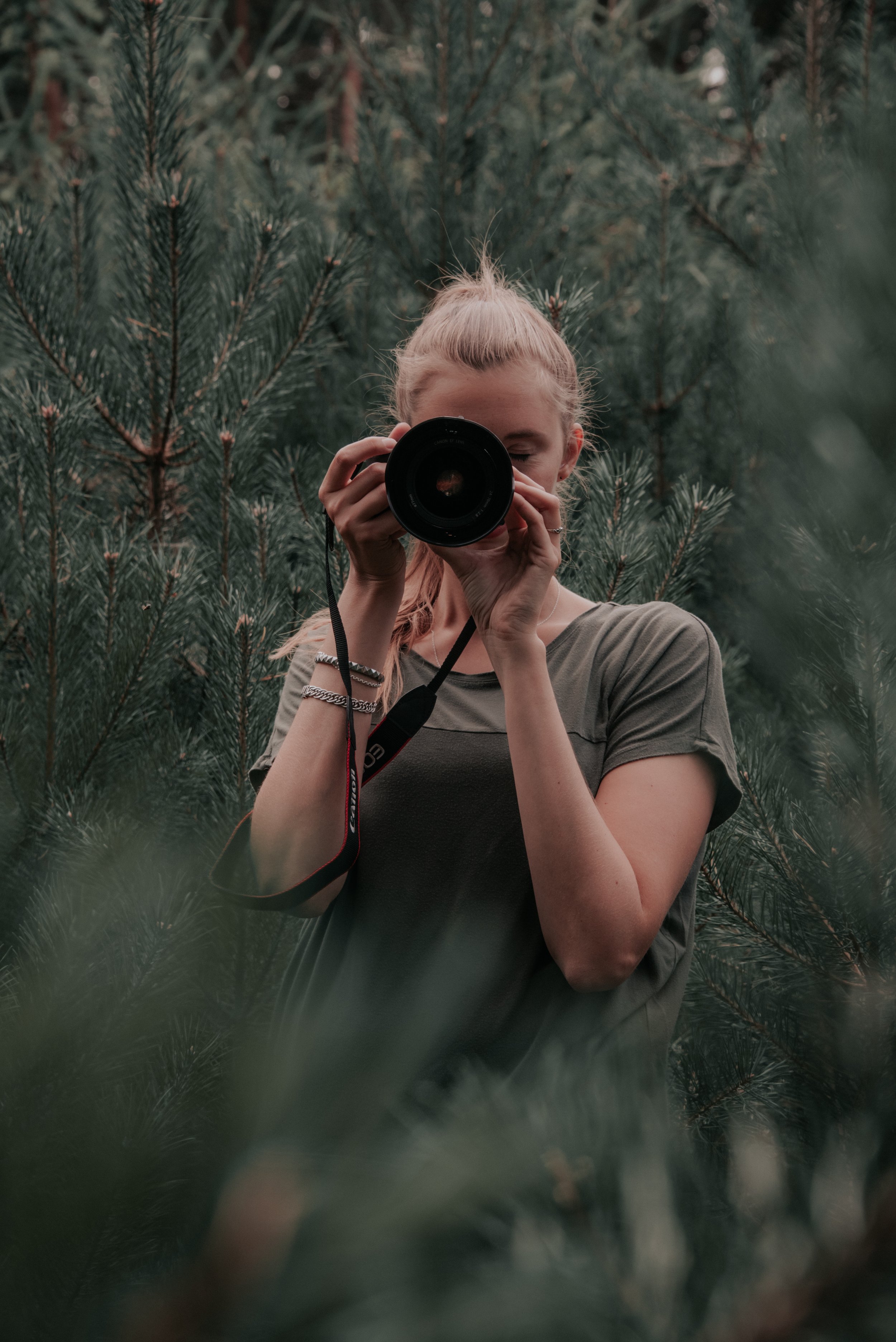 Young woman taking a photo with a camera in a forest of pine trees.