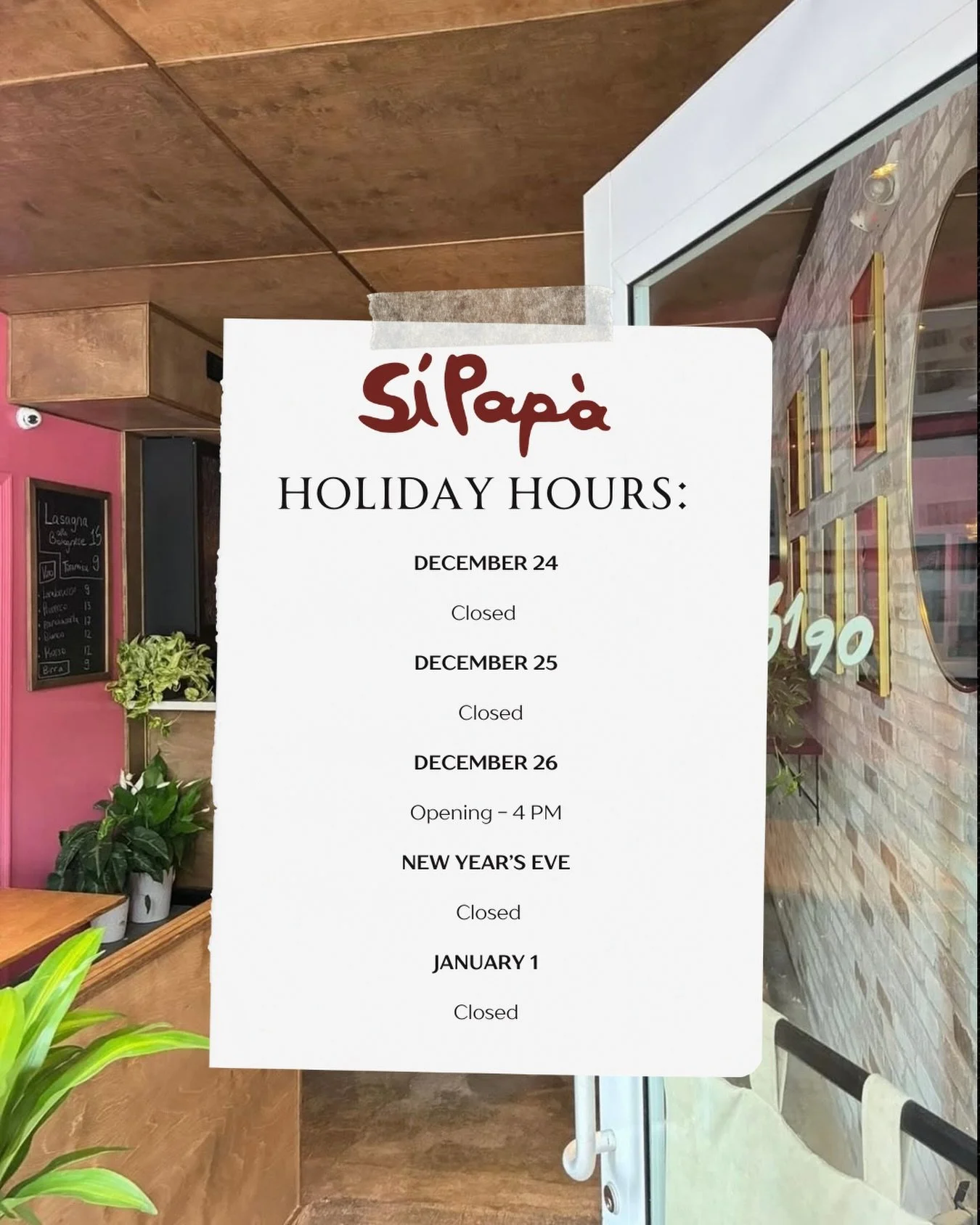 Happy Holidays from @sipapa.3190 ✨
Thank you for dining with us this year and to everyone who placed holiday catering orders &mdash; we truly appreciate your support.
These are our holiday hours 🎄
If you prefer takeout, we are still accepting cateri