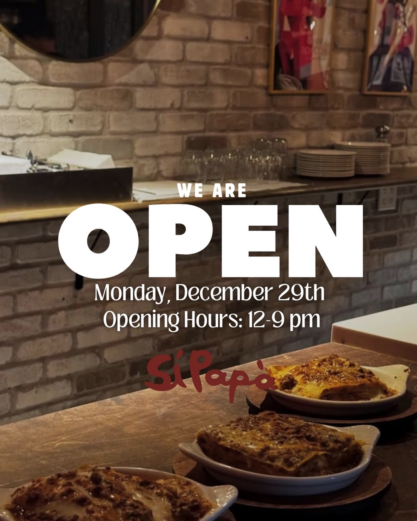 The holidays are here, which means even more reasons to eat lasagna 🎄🍝 We&rsquo;ve added an extra opening day!

We&rsquo;re open regular hours today, and open tomorrow for lunch and dinner.

Walk in, relax, and let us take care of the cooking.