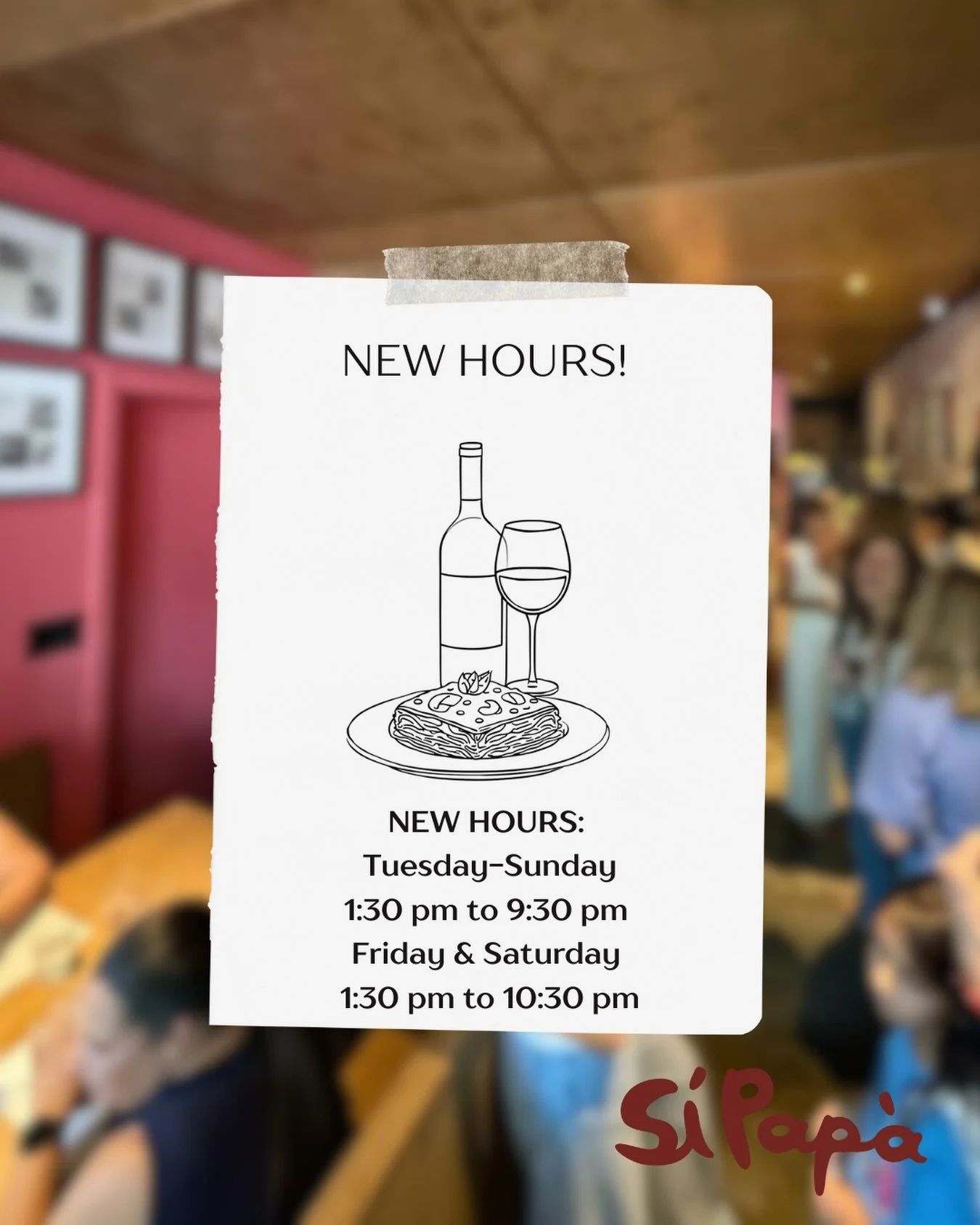 New hours, same comfort! 
We&rsquo;re now open 1:30&ndash;9:30 PM for lunch and dinner.

Lasagna, tiramisu, and vino &mdash; that&rsquo;s the menu, and that&rsquo;s all you need. 🍝🍰🍷
