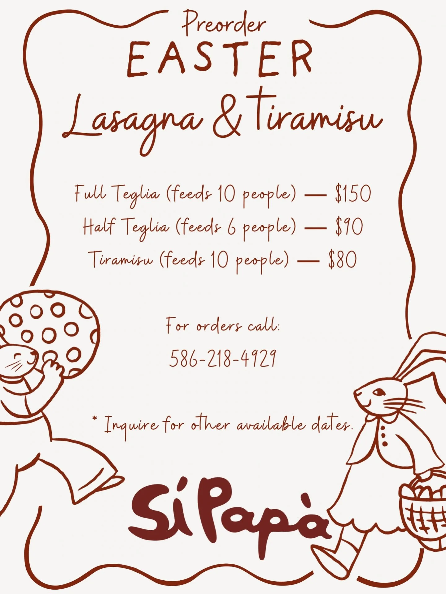 This Easter Sunday, let us handle the cooking 🤍 💐

Our signature lasagna and tiramisu are available for pre-order! Perfect for gathering around the table with family.

Choose from our classic meat or vegetarian options, and finish with the perfect 