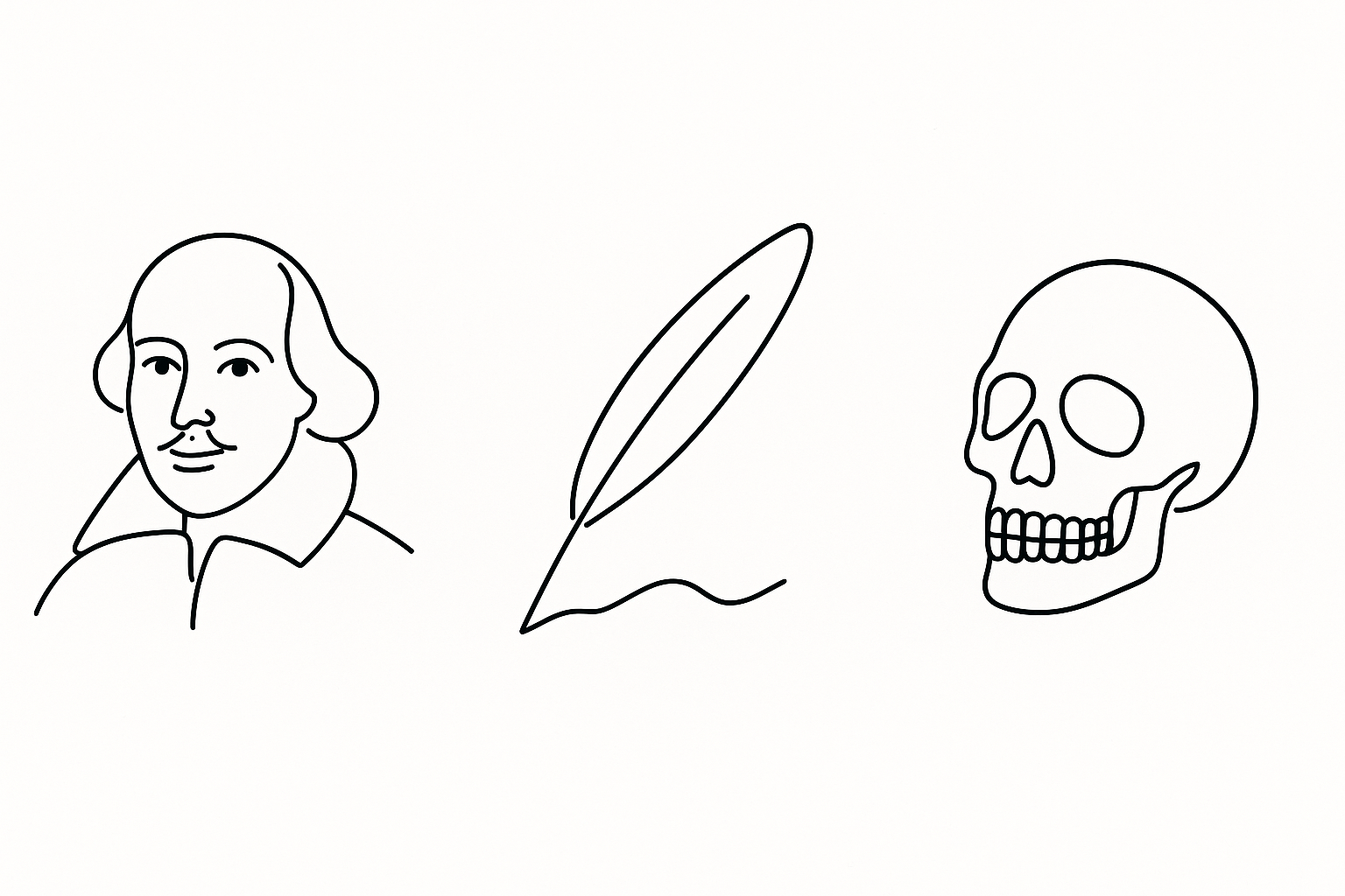 Line drawing of William Shakespeare's portrait, a quill pen, and a human skull.