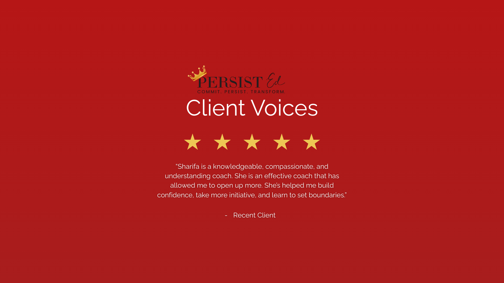 Testimonial page with a red background featuring five gold stars above a quote praising Sharifa as a knowledgeable and compassionate coach, followed by the words "Recent Client."