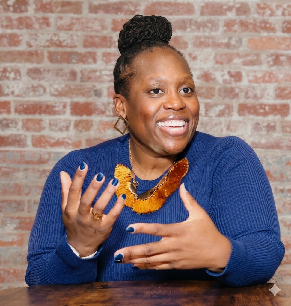 A smiling woman with a braided hair tied up, wearing a blue sweater, gold earrings, a colorful necklace, and matching blue nail polish, gesturing with her hands in front of a brick wall.